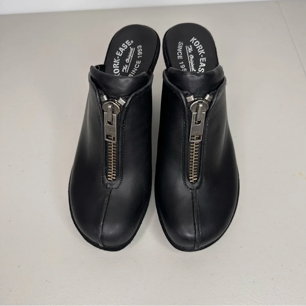 Kork-Ease Leather Heeled Clogs Women’s 10 Black Leather Slip-on Mule Zipper Shoe - Picture 6 of 16